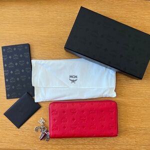 MCM Red Leather Large Zip Wallet